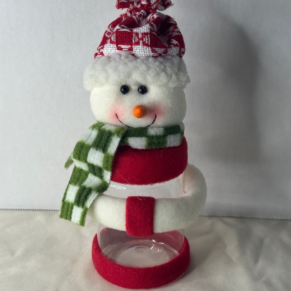 Snowman Christmas Candy Jar Plush Hat Scarf Treat Container Holiday Decor